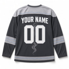 Load image into Gallery viewer, Candle Smoke Swirl Hanukkah Hockey Jersey in Smoke Charcoal, back view with your name and number