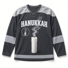 Load image into Gallery viewer, Candle Smoke Swirl Hanukkah Hockey Jersey in Smoke Charcoal, front view – custom name and number