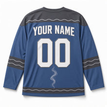 Load image into Gallery viewer, Candle Smoke Swirl Hanukkah Hockey Jersey in Smoke Dusk Blue, back view with your name and number
