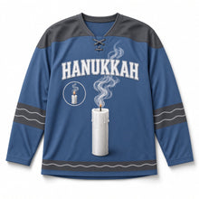 Load image into Gallery viewer, Candle Smoke Swirl Hanukkah Hockey Jersey in Smoke Dusk Blue, front view – custom name and number