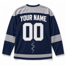Load image into Gallery viewer, Candle Smoke Swirl Hanukkah Hockey Jersey in Smoke Navy, back view with your name and number