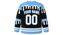 Load image into Gallery viewer, Candle Wax Drip Hanukkah Hockey Jersey in Black Wax, back view with your name and number