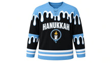 Load image into Gallery viewer, Candle Wax Drip Hanukkah Hockey Jersey in Black Wax, front view – custom name and number