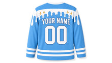 Load image into Gallery viewer, Candle Wax Drip Hanukkah Hockey Jersey in Blue Wax, back view with your name and number