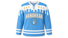 Load image into Gallery viewer, Candle Wax Drip Hanukkah Hockey Jersey in Blue Wax, front view – custom name and number