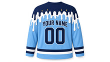 Load image into Gallery viewer, Candle Wax Drip Hanukkah Hockey Jersey in Sky Wax, back view with your name and number