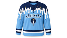 Load image into Gallery viewer, Candle Wax Drip Hanukkah Hockey Jersey in Sky Wax, front view – custom name and number