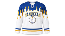 Load image into Gallery viewer, Candle Wax Drip Hanukkah Hockey Jersey in White Wax, front view – custom name and number