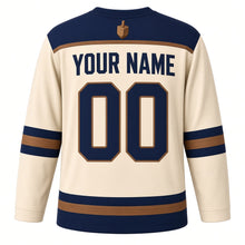 Load image into Gallery viewer, Carved Wood Dreidel Hanukkah Hockey Jersey in Carved Birch Cream, back view with your name and number