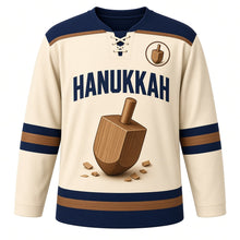 Load image into Gallery viewer, Carved Wood Dreidel Hanukkah Hockey Jersey in Carved Birch Cream, front view – custom name and number