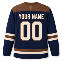 Load image into Gallery viewer, Carved Wood Dreidel Hanukkah Hockey Jersey in Carved Navy, back view with your name and number