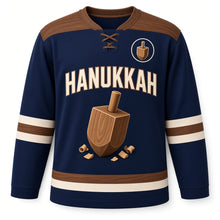 Load image into Gallery viewer, Carved Wood Dreidel Hanukkah Hockey Jersey in Carved Navy, front view – custom name and number