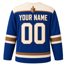 Load image into Gallery viewer, Carved Wood Dreidel Hanukkah Hockey Jersey in Carved Royal, back view with your name and number