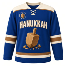 Load image into Gallery viewer, Carved Wood Dreidel Hanukkah Hockey Jersey in Carved Royal, front view – custom name and number