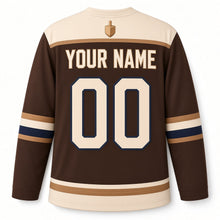 Load image into Gallery viewer, Carved Wood Dreidel Hanukkah Hockey Jersey in Carved Walnut, back view with your name and number