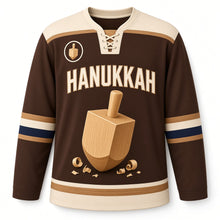 Load image into Gallery viewer, Carved Wood Dreidel Hanukkah Hockey Jersey in Carved Walnut, front view – custom name and number