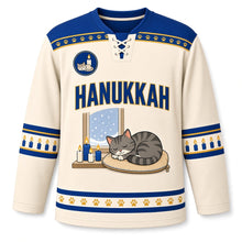 Load image into Gallery viewer, Cat Nap Candlelight Hanukkah Hockey Jersey in Cat Nap Cream, front view – custom name and number