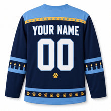 Load image into Gallery viewer, Cat Nap Candlelight Hanukkah Hockey Jersey in Cat Nap Navy, back view with your name and number