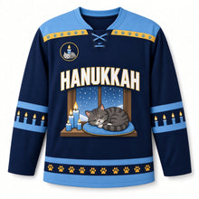 Load image into Gallery viewer, Cat Nap Candlelight Hanukkah Hockey Jersey in Cat Nap Navy, front view – custom name and number
