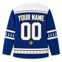 Load image into Gallery viewer, Cat Nap Candlelight Hanukkah Hockey Jersey in Cat Nap Royal, back view with your name and number