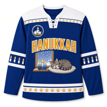 Load image into Gallery viewer, Cat Nap Candlelight Hanukkah Hockey Jersey in Cat Nap Royal, front view – custom name and number