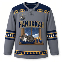 Load image into Gallery viewer, Cat Nap Candlelight Hanukkah Hockey Jersey in Cat Nap Slate, front view – custom name and number