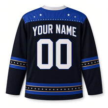 Load image into Gallery viewer, Comet Trail Star Hanukkah Hockey Jersey in Comet Midnight, back view with your name and number