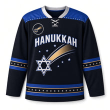 Load image into Gallery viewer, Comet Trail Star Hanukkah Hockey Jersey in Comet Midnight, front view – custom name and number