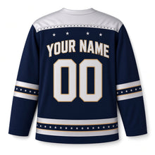 Load image into Gallery viewer, Comet Trail Star Hanukkah Hockey Jersey in Comet Navy, back view with your name and number
