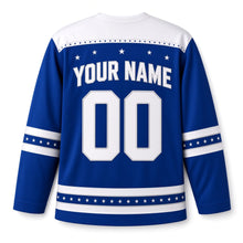Load image into Gallery viewer, Comet Trail Star Hanukkah Hockey Jersey in Comet Royal, back view with your name and number