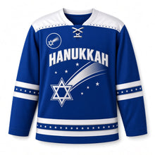 Load image into Gallery viewer, Comet Trail Star Hanukkah Hockey Jersey in Comet Royal, front view – custom name and number