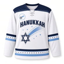 Load image into Gallery viewer, Comet Trail Star Hanukkah Hockey Jersey in Comet Frost, front view – custom name and number