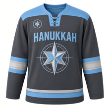 Load image into Gallery viewer, Compass Rose Star Hanukkah Hockey Jersey in Compass Charcoal, front view – custom name and number