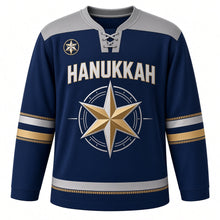 Load image into Gallery viewer, Compass Rose Star Hanukkah Hockey Jersey in Compass Navy, front view – custom name and number