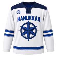 Load image into Gallery viewer, Compass Rose Star Hanukkah Hockey Jersey in Compass White, front view – custom name and number