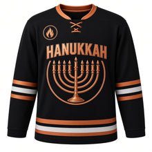 Load image into Gallery viewer, Copper Engraved Menorah Hanukkah Hockey Jersey in Copperplate Black, front view – custom name and number