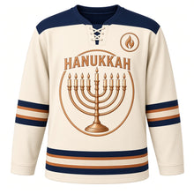 Load image into Gallery viewer, Copper Engraved Menorah Hanukkah Hockey Jersey in Copperplate Cream, front view – custom name and number