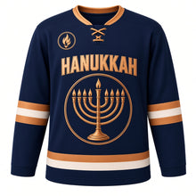 Load image into Gallery viewer, Copper Engraved Menorah Hanukkah Hockey Jersey in Copperplate Navy, front view – custom name and number
