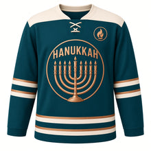 Load image into Gallery viewer, Copper Engraved Menorah Hanukkah Hockey Jersey in Copperplate Teal, front view – custom name and number
