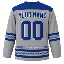 Load image into Gallery viewer, Cross-Stitch Menorah Sampler Hanukkah Hockey Jersey in Sampler Grey, back view with your name and number