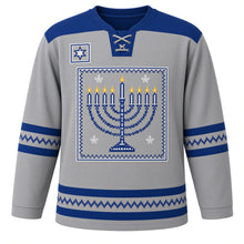 Load image into Gallery viewer, Cross-Stitch Menorah Sampler Hanukkah Hockey Jersey in Sampler Grey, front view – custom name and number