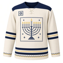 Load image into Gallery viewer, Cross-Stitch Menorah Sampler Hanukkah Hockey Jersey in Sampler Ivory, front view – custom name and number