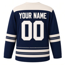 Load image into Gallery viewer, Cross-Stitch Menorah Sampler Hanukkah Hockey Jersey in Sampler Navy, back view with your name and number