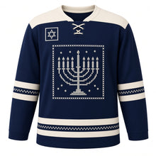 Load image into Gallery viewer, Cross-Stitch Menorah Sampler Hanukkah Hockey Jersey in Sampler Navy, front view – custom name and number