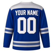 Load image into Gallery viewer, Cross-Stitch Menorah Sampler Hanukkah Hockey Jersey in Sampler Royal, back view with your name and number
