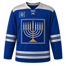 Load image into Gallery viewer, Cross-Stitch Menorah Sampler Hanukkah Hockey Jersey in Sampler Royal, front view – custom name and number