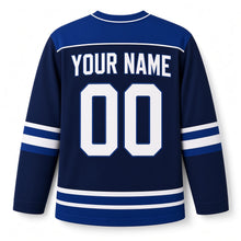 Load image into Gallery viewer, Crossed Sticks Star Hanukkah Hockey Jersey in Faceoff Navy, back view with your name and number