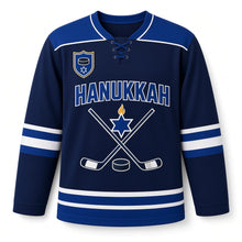 Load image into Gallery viewer, Crossed Sticks Star Hanukkah Hockey Jersey in Faceoff Navy, front view – custom name and number