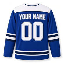 Load image into Gallery viewer, Crossed Sticks Star Hanukkah Hockey Jersey in Faceoff Royal, back view with your name and number