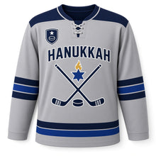 Load image into Gallery viewer, Crossed Sticks Star Hanukkah Hockey Jersey in Faceoff Silver, front view – custom name and number